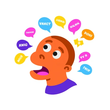 A colorful cartoon-style illustration of a head with a large, exaggerated face. The head features multiple cartoonish mouths, each in different sizes and expressions, all chattering excitedly. Some mouths are open wide, while others are partially closed, creating a lively atmosphere. Bright speech bubbles emerge from each mouth, filled with random words and symbols. The head sits against a simple background, emphasizing the dynamic energy of the racing thoughts being represented.