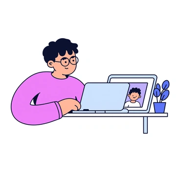 A person sitting at a desk with a laptop open in front of them. The laptop screen displays an image-editing interface with a profile picture being cropped. The individual has short black hair and is wearing glasses. They are focused on the screen, slightly leaning forward, and their right hand is hovering over the trackpad, ready to make adjustments. A small potted plant sits next to the laptop on the desk.