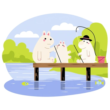 Moominpappa and Moomintroll are sitting together on a wooden pier extending over a calm river. Moominpappa, wearing his signature black hat, holds a fishing rod with a hopeful look on his face. Moomintroll, with his round snout and cheerful expression, watches eagerly, patiently waiting for a catch. The river reflects the bright blue sky, with fluffy white clouds floating above. Lush green trees line the riverbank, providing a vibrant backdrop to this tranquil scene. A small bucket sits beside them, ready to collect any fish they might catch.