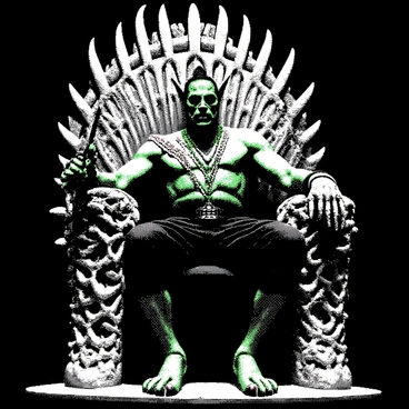 A regal orc is seated on a throne that is constructed from an arrangement of bones and stones, showcasing an imposing and elaborate design. The orc has green skin and sharp features, regal in stature and demeanor. He is adorned with ornate jewelry that glistens, including large rings and intricate necklaces. The throne is positioned in a dimly lit chamber, with shadows accentuating the textures of the bones and the rough surfaces of the stones. The orc's posture is confident, with one hand resting on the throne's arm, while the other holds a scepter, symbolizing power and authority.