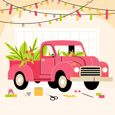 A creative workshop filled with colorful ribbons in various shades of red, green, and gold hanging from the ceiling. In the center, an old wooden truck is parked, its rusty red paint slightly faded. The truck's bed is overflowing with lush greenery and vibrant ornaments that are being carefully arranged. Scissors, glue, and rolls of tape are scattered around the truck, indicating activity. A cheerful atmosphere is created by warm fairy lights strung up around the walls, illuminating the scene with a festive glow.