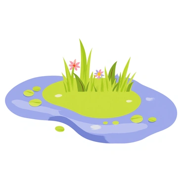 A small, isolated island emerges in the center of a vast wetland area, surrounded by shimmering water. The island features lush green vegetation, including tall grasses and scattered trees. A few vibrant flowers bloom among the greenery, adding splashes of color. The wetland surrounding the island is dotted with lily pads and reeds, reflecting the clear blue sky above.