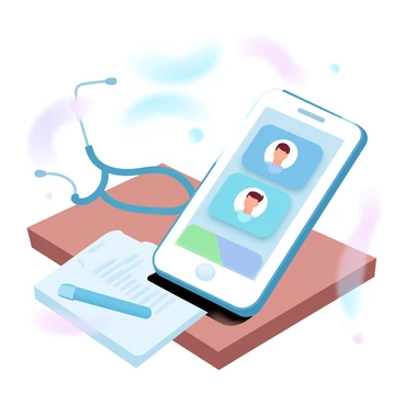 A smartphone is displayed prominently, showing a user-friendly telemedicine application interface. The screen features various colorful icons for video calls, health records, and medication reminders. The smartphone is resting on a wooden surface, surrounded by a stethoscope and a notepad with a pen beside it. The background is softly blurred with gradient pastel colors, creating a calm and inviting atmosphere. There are subtle light reflections on the phone’s screen, enhancing its modern design.