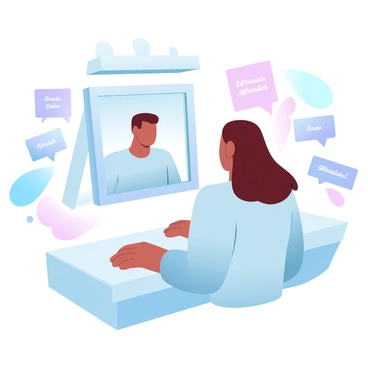 A person stands in front of a mirror, gazing at their reflection. The individual has a light-colored shirt and is positioned with their hands resting on the countertop. Surrounding the mirror are colorful sticky notes featuring positive affirmations written in bold letters. The background includes pastel-colored walls that softly blend into each other, enhancing the uplifting atmosphere of the scene.