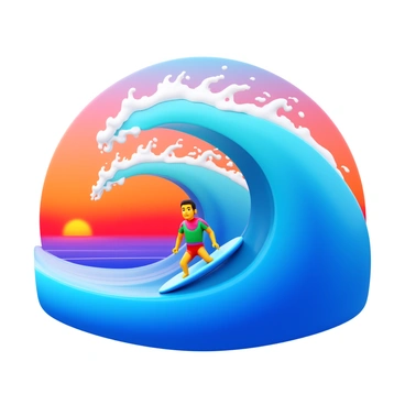 A surfer skillfully riding a massive wave, with water splashing around them. The wave curls majestically, showcasing its powerful form. In the background, a vibrant sunset paints the sky with shades of orange, pink, and purple. The sun is partially visible, casting a warm glow over the scene. The surfer is wearing a colorful rash guard and has a focused expression. The ocean is a deep blue, contrasting beautifully with the bright colors of the sunset.