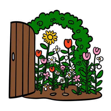 A hidden garden behind an ivy-covered gate, filled with a variety of colorful flowers in bloom. The gate is made of aged wood and is partially open, revealing the vibrant scene beyond. Inside the garden, there are tall sunflowers, delicate daisies, and clusters of roses in shades of red, pink, and yellow. Green leafy plants surround the flowers, creating a lush environment. Sunlight filters through the leaves, casting dappled shadows on the ground, enhancing the vivid colors of the blossoms.