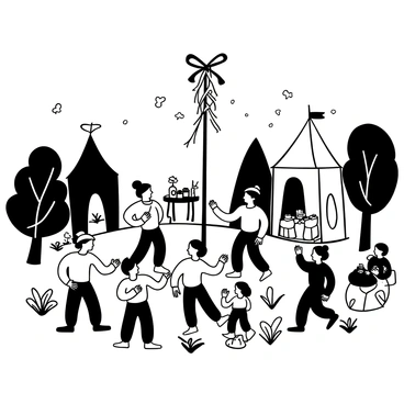 A lively scene depicting a medieval festival with peasants dressed in period attire dancing around a tall maypole, adorned with colorful ribbons. Several other peasants are gathered nearby, clapping their hands, while a few children are playing with wooden toys. Tents with various decorations are set up in the background, and a table filled with food and drink is visible. Lush trees surround the area, adding to the festive atmosphere. The ground is covered with grass and scattered wildflowers.