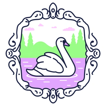 A swan is gracefully floating on a calm body of water, its feathers perfectly reflecting the light. The background features a scenic landscape with trees and hills. The swan is surrounded by ornate frames that enhance its elegance. The frames are intricately designed, with floral motifs and swirling patterns. The top frame has an arch design, while the bottom frame is wider and more elaborately carved. Light glimmers off the water's surface, creating a tranquil atmosphere.