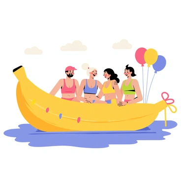 A group of four friends are riding on a colorful banana boat. The banana boat is bright yellow, floating on a clear blue ocean. Each friend is wearing vibrant swimsuits and laughing joyfully. There are colorful streamers attached to the sides of the banana boat, fluttering in the wind. Bright balloons in various colors are tied to the boat, adding to the festive atmosphere. In the background, a sunny sky is visible with a few fluffy white clouds.