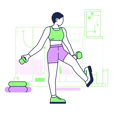 A person is balancing on one leg in a fitness studio while performing reverse fly exercises. They are wearing athletic gear, including a fitted tank top and workout shorts. Their other leg is raised behind them, and their arms are extended out to the sides, holding dumbbells. The person's body is slightly leaned forward, showcasing focus and determination. In the background, there are exercise mats and gym equipment visible, contributing to the workout setting.