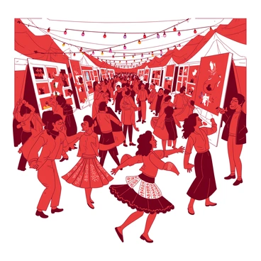 A vibrant festival scene with people celebrating their unique voices through art and dance