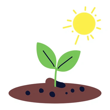 A small green seedling breaking through dark brown soil. The seedling has two tiny leaves that are unfolding as it stretches upwards. Above it, there is a bright yellow sun shining, with rays of light extending towards the seedling, illuminating its fragile leaves. The soil is scattered with pebbles and small grains, creating a textured surface around the base of the seedling.