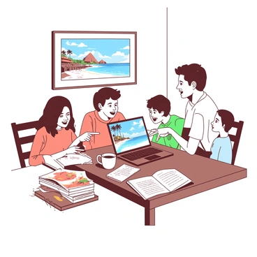 A family of four is gathered around a wooden dining table, excitedly discussing their dream vacation plans. The parents are seated at the table, with a laptop open in front of them displaying various travel options. The mother is holding a brochure that features bright images of a tropical beach, while the father is taking notes on a notepad. Two children, a boy and a girl, are sitting on either side of the table, pointing at the screen with wide eyes, imagining the adventures they might have. A white coffee mug sits beside the laptop, and various travel books are stacked on one corner of the table. A framed family photo hangs on the wall behind them, capturing a moment from a previous vacation.