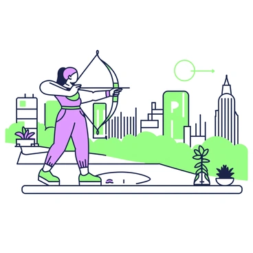 An archer practicing on a rooftop in a modern cityscape, aiming at distant targets