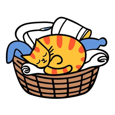 A cute tabby cat with orange stripes curled up and sleeping peacefully in a woven basket. The basket is filled with freshly folded laundry in various colors, including blue, white, and yellow clothing. The cat's eyes are closed, and its paws are tucked under its body, showcasing its comfortable position. The scene conveys a cozy and homely atmosphere.