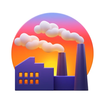 A factory silhouette with detailed smokestacks against a vibrant sunset. The sky is filled with shades of orange, pink, and purple. Smoke is drifting upwards in fluffy clouds, contrasting against the colorful backdrop. The factory structure is angular, with windows reflecting the sunset hues.