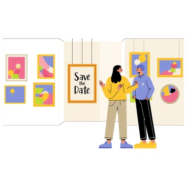 A couple standing side by side in an art gallery, gazing at a collection of colorful paintings. They are smiling and discussing the art pieces around them. In the background, a framed artwork with the text "Save the Date" is prominently displayed on the wall. The frame is ornate and adds a touch of elegance to the piece, which features a vibrant design. The gallery is filled with various other artworks, showcasing different styles and colors.