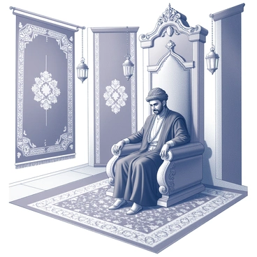 A regal sultan is seated on an elaborate throne, showcasing intricate carvings and luxurious embellishments. The sultan wears an ornate headdress adorned with jewels and rich fabrics draping around him. The chamber is lavishly decorated with detailed tapestries hanging on the walls, featuring intricate patterns and designs. A large, richly patterned rug covers the floor beneath the throne. Ornate lanterns are suspended from the ceiling, casting delicate shadows throughout the room.