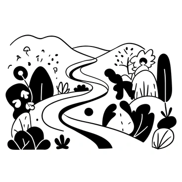 A winding path cuts through a diverse landscape filled with various plants and trees. A person is walking along the path, moving confidently and with purpose. Surrounding the path, there are rolling hills and a mixture of textured foliage. The person is depicted with a sense of determination, their posture upright as they navigate the terrain. There are elements like a rustling breeze creating movement in the leaves and scattered stones along the path. In the background, there are undulating hills creating a sense of depth and continuity in the landscape.
