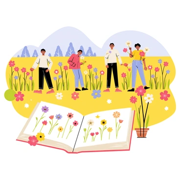 A sunny field filled with colorful flowers in various shades of red, yellow, and purple. Several people are gently gathering flowers, each with a smile on their face. They are dressed in light, comfortable clothing suitable for a warm day. In the foreground, an open flower illustration book displays detailed drawings of different flower species, with a few flowers lying beside it. The background shows a clear blue sky and a distant line of trees.