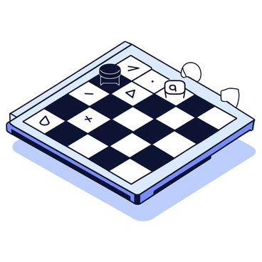 A chessboard with an 8x8 grid where each square is colored alternately in black and white. Each square has a unique mathematical icon or symbol representing a step in solving a quadratic equation. For example, one square features a square root symbol, another has a plus or minus sign, and another shows the vertex form of a quadratic equation. The chessboard is set on a simple wooden table surface, and there is a soft shadow cast beneath it.