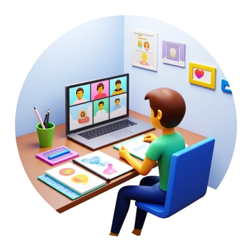 An illustrator sitting at a desk, engaged in a video call on a laptop. The screen shows multiple peers, each in separate small windows, providing feedback. The illustrator has a sketchbook open with colorful illustrations visible. There are art supplies scattered around the desk, including pencils, markers, and a digital tablet. A wall in the background features pinned-up artwork and inspiration. The room is well-lit, highlighting the focused expression of the illustrator as they take notes from the discussion.