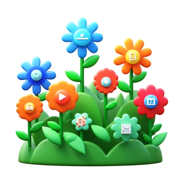 A garden filled with a variety of flowers. Each flower has petals shaped like vibrant digital icons, showcasing different symbols associated with technology and communication. The colors of the petals range from bright blue to vivid orange, creating a lively contrast against the green foliage. Sunlight filters through the leaves, illuminating the flowers, while a soft breeze gently sways them, enhancing their playful design.