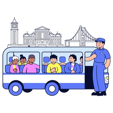 A bus driver with a friendly expression is standing at the front of a city bus. The driver is wearing a blue uniform with a cap. Several passengers are seated in the bus, looking attentively at various landmarks outside the windows. In the background, notable city landmarks such as a tall clock tower, a grand museum building, and a famous bridge can be seen. The bus interior is designed with comfortable seats and large windows, allowing for an unobstructed view of the landmarks.