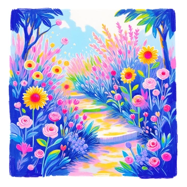 A vibrant garden is filled with a variety of flowers in different colors and sizes. The flowers are designed with "pixelated textures," creating a unique appearance. There are tall sunflowers with bright yellow petals, delicate pink roses, and clusters of purple violets. The greenery includes lush green leaves and grass, providing a rich backdrop. Sunlight filters through the leaves, casting playful shadows on the ground. A stone path winds through the garden, inviting viewers to explore further.
