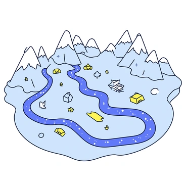A hand-drawn map depicting a fantasy land. The map features tall mountains with jagged peaks and snowy caps. Flowing through the land are winding rivers that sparkle as they reflect the light. Scattered across the map are symbols indicating hidden treasures, such as small chests and sparkling gems. The terrain includes forests marked with tree icons, and valleys depicted with gentle curves. Small villages are represented by simple house shapes, and paths connect the various elements of the landscape, guiding the viewer’s eye across the fantastical setting.