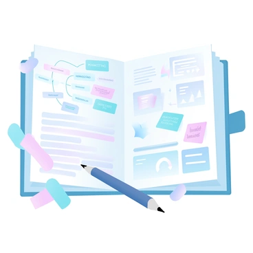 A sketchpad is open, filled with colorful notes and diagrams that illustrate a new business concept. One page features a large mind map with branches labeled "Marketing Strategy," "Target Audience," and "Revenue Streams." Other pages show detailed diagrams, such as a flowchart outlining the customer journey and an infographic depicting market research statistics. Several sticky notes in various pastel colors are scattered across the pages, each containing key ideas and reminders. A pencil lies next to the sketchpad, ready for further brainstorming.