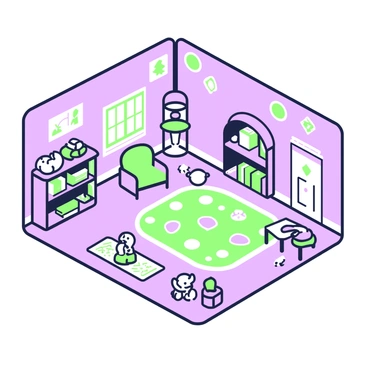 An isometric view of a children's playroom filled with various toys scattered across the floor. In the center, there is a colorful rug featuring shapes and patterns. To the side, a small reading nook is set up, consisting of a cozy chair and a shelf filled with books. On the floor, plush animals and building blocks are arranged playfully. A small table with crayons and paper is positioned near the reading nook, inviting creativity. Brightly colored wall decorations enhance the overall cheerful atmosphere.