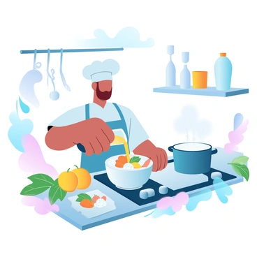 A chef in a modern kitchen is surrounded by various colorful ingredients. Fresh yuzu fruits are prominently displayed on the countertop alongside vibrant herbs and vegetables. The chef is pouring yuzu juice into a mixing bowl filled with a blend of seafood and vegetables. Cooking utensils and spices are neatly arranged around the workspace. A pot on the stove is bubbling gently, while a cutting board holds chopped ingredients waiting to be incorporated into the dish. The scene conveys a sense of culinary creativity and exploration.