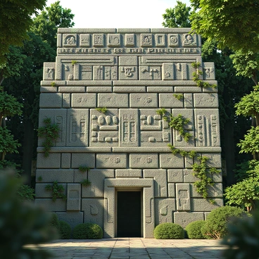 An ancient Mayan temple wall made of large stone blocks, showing signs of weathering and age. The surface of the wall is intricately covered with numerous glyphs, depicting various historical events, characters, and symbols. Each glyph is carved in detailed relief and varies in size and shape. The wall is surrounded by lush green jungle foliage, with vines creeping over the stones, adding to the sense of ancient history. Sunlight filters through the trees, casting dappled shadows across the stone surface.