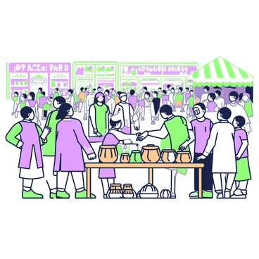 A bustling market scene filled with numerous vendors and shoppers. In the foreground, a vendor stands behind a wooden table, showcasing an assortment of dholaks arranged neatly. The dholaks vary in size, some are large and traditional, while others are smaller and more decorative. The vendor, dressed in a simple kurta and pants, gestures enthusiastically towards his products. Surrounding him, several customers of different ages examine the dholaks closely. Bright banners and colorful stalls filled with fruits, vegetables, and textiles create a lively atmosphere, while numerous shoppers move through the vibrant space, engaging in conversation and haggling over prices.