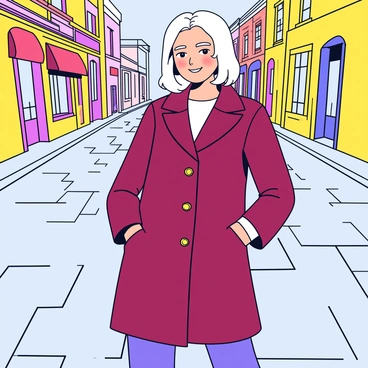 A model posing in a classic vintage coat on a cobblestone street