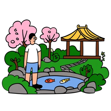 A man with light skin and short black hair is exploring a traditional Japanese garden. He is wearing a casual white t-shirt and denim shorts. The garden features a variety of lush green plants, a koi pond with colorful fish, and carefully arranged rocks. In the background, there is a classic wooden gazebo with a thatched roof. The man is admiring the scenery, standing near a stone pathway that winds through the garden. Delicate cherry blossom trees are blooming, adding soft pink hues to the serene landscape.