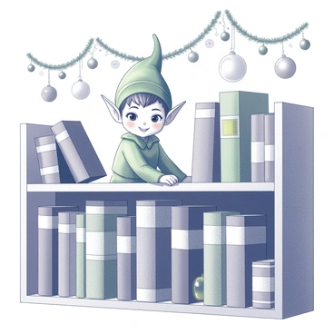 An elf with pointed ears and a playful expression is peeking out from behind a bookshelf. The bookshelf is filled with various holiday-themed books, their spines lined up neatly. The elf has a green outfit with intricate details and a small hat. The environment is cozy, with warm lighting that enhances the festive atmosphere. The background features additional decorative elements related to the holiday season, such as garlands and ornaments, creating a cheerful scene.