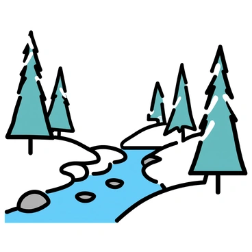 A minimalistic drawing of an alpine forest featuring tall, snow-dusted evergreens. The trees are arranged in a natural formation, some with heavy snow on their branches. In the foreground, a clear mountain stream flows gently, reflecting the surrounding trees. The stream has smooth, rounded stones visible beneath the water's surface, and the ground is covered with a light dusting of snow.