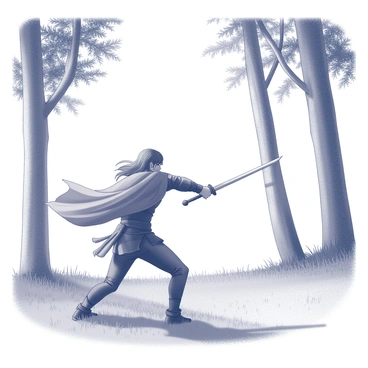A figure stands in a grassy clearing, practicing sword fighting with a longsword. The warrior has long hair and wears a rugged cloak that billows slightly with movement. His stance is focused and determined, with the sword raised and poised for an attack. In the background, tall trees frame the clearing, their leaves rustling gently in the breeze. Sunlight filters through the branches, casting dappled shadows on the ground. The grass beneath is lush and green, slightly swaying with the wind, adding to the dynamic feel of the scene.