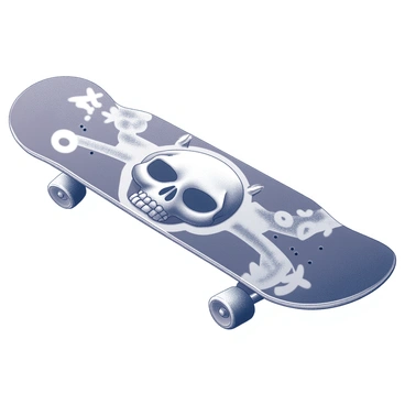 A skateboard lies flat on a surface, showcasing a detailed illustration of a cat skull prominently displayed on its deck. The skull is positioned centrally, featuring intricate bone structures and defined contours. Surrounding the skull are stylized elements, such as graffiti-like patterns and abstract shapes that enhance the edgy appearance of the design. The skateboard itself has visible wheels and grip tape, contributing to the overall composition of the image.