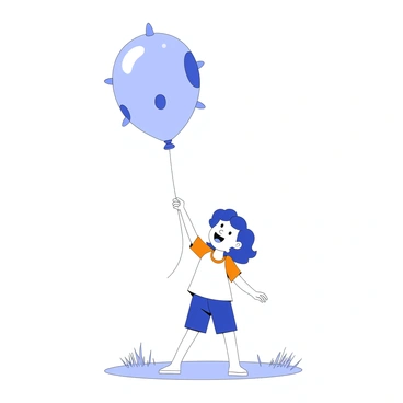 A child is standing outdoors, holding a helium balloon that is shaped like a giant exosome. The balloon has a smooth, oval form, with protruding spike-like structures on its surface. The child is smiling, showing excitement as they gaze upward at the floating balloon. They are wearing a colorful t-shirt and shorts, and their hair is gently blowing in the breeze. The background features a grassy field and a clear sky, enhancing the joyful scene.
