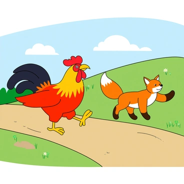A colorful rooster with vibrant red feathers and a bright yellow beak is running energetically down a winding dirt path. Its wings are slightly spread, and its legs are in mid-stride, showcasing its speed. Close behind, a clever-looking fox with orange fur and white accents is chasing the rooster, its eyes gleaming with determination. The dirt path is lined with patches of green grass and small wildflowers, adding bursts of color to the scene. In the background, a blue sky with fluffy white clouds reflects the playful mood of the race.