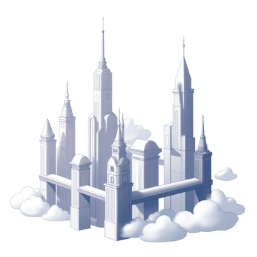 A city composed of tall, shimmering towers that rise high into the sky. Each tower has a unique architectural design, with intricate details and elegant shapes. Bridges made of light connect the towers, creating a network that allows for movement between them. The towers are surrounded by fluffy clouds, adding a sense of elevation and ethereality to the scene. The entire composition suggests a harmonious blend of architecture and the natural beauty of the sky.
