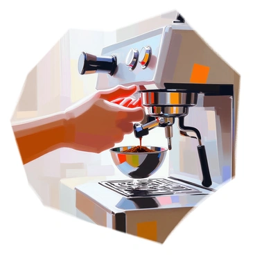 A close-up view of a hand with light skin grasping a portafilter. The portafilter features a polished metal finish and is filled with freshly ground coffee. The hand is positioned just above the espresso machine, which is sleek and shiny, with buttons and dials visible on its front panel. Soft light reflects off the metal surfaces, highlighting the details of both the hand and the portafilter. The background contains hints of coffee shop equipment, creating an inviting atmosphere.