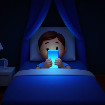 A person lying in bed under a dark canopy, with the soft glow of a phone screen illuminating their face. The bed is covered with a simple, light-colored duvet. The room is filled with shadows, creating a peaceful yet intimate atmosphere. The person has short hair and is wearing a comfortable t-shirt. Their eyes are focused on the phone, reflecting the blue light of the screen. A bedside table can be seen next to the bed, holding a small clock and a glass of water.