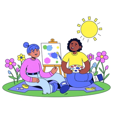A teenager and their parent are sitting side by side on a grassy patch in a sunny garden. The teenager is holding a paintbrush and is applying bright colors to a canvas on an easel. The parent is smiling and offering encouragement while holding a palette filled with various paints. Surrounding them are blooming flowers in vibrant colors, and a few art supplies scattered on a blanket nearby. The sun casts a warm light, highlighting their joyful expressions as they share this moment together.
