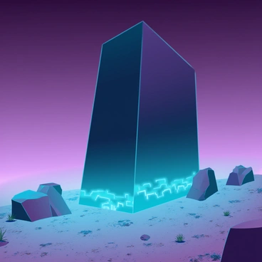 A massive black monolith, towering over the surrounding terrain, stands alone on a barren landscape covered with fine, gray dust. The surface of the monolith is smooth and glossy, reflecting the faint light of its surroundings. It pulsates with an eerie glow, emitting a pulsating blue light that illuminates the nearby ground in rhythmic waves. Jagged rocks and sparse vegetation are scattered across the desolate landscape, creating a stark contrast with the imposing structure. The sky above is a deep shade of purple, adding to the otherworldly atmosphere surrounding the monolith.