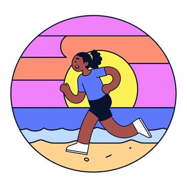 A silhouette of a runner in a dynamic pose, positioned prominently on the sandy beach. The runner is depicted with arms in motion, capturing the essence of speed and determination. The background features a vibrant sunset composed of deep oranges, purples, and pinks, blending seamlessly into the horizon. Waves gently lap at the shore, with small white crests of foam visible. The beach is largely empty, enhancing the focus on the runner and the stunning sky above.