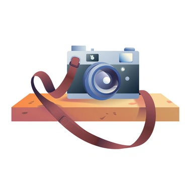 A classic film camera with a silver body and black accents is resting on a wooden table. The camera features a vintage lens and an intricate viewfinder. Attached to the camera is a rich brown leather strap, with a slightly worn texture. The wooden table has a warm, natural finish, showcasing its grain and knots, adding character to the scene. Soft light casts gentle shadows, highlighting the camera's details against the surface of the table.